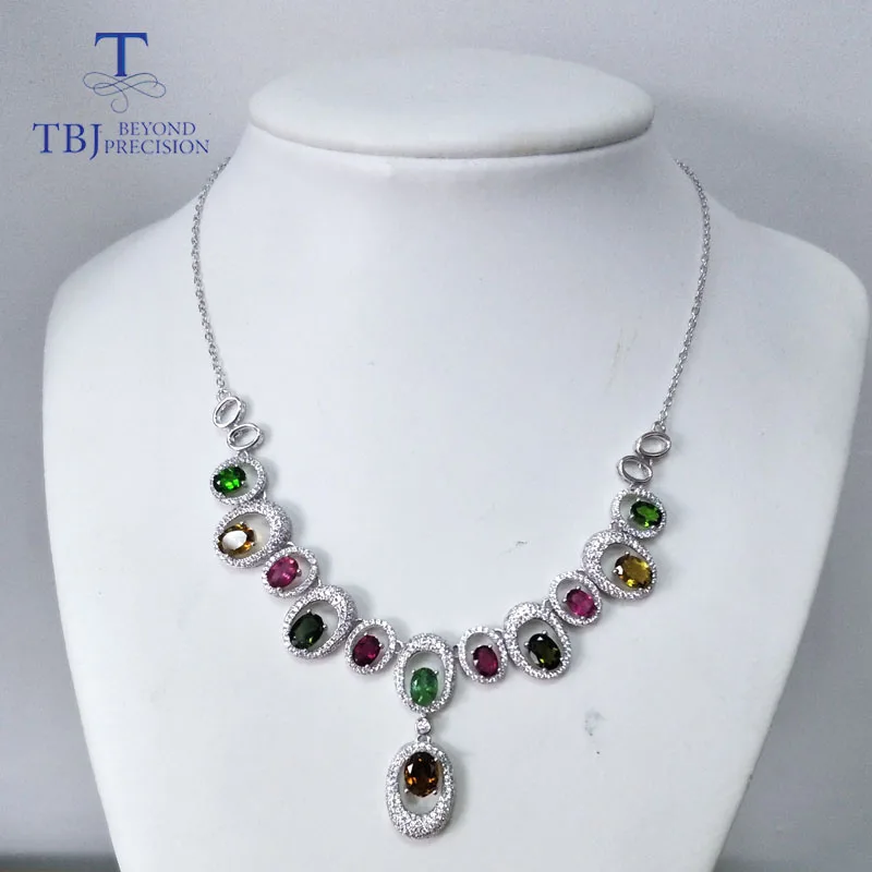 

TBJ,2017 new design fashion natural gemstone necklace with fancy color tourmaline in 925 sterling silver fine jewelry for party
