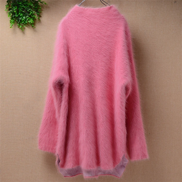 Casual fashion real mink cashmere warm long loose slit pullover sweater autumn winter angora rabbit knitted dress fuzzy fur | Женская