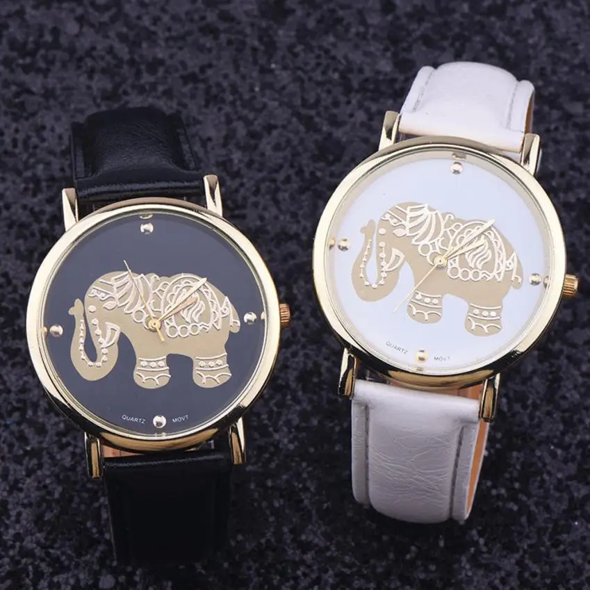 Montre модные часы со слоном, женские Роскошные Кварцевые часы с золотым циферблатом, Женские Аналоговые наручные часы из искусственной кожи, Relogio Feminino
