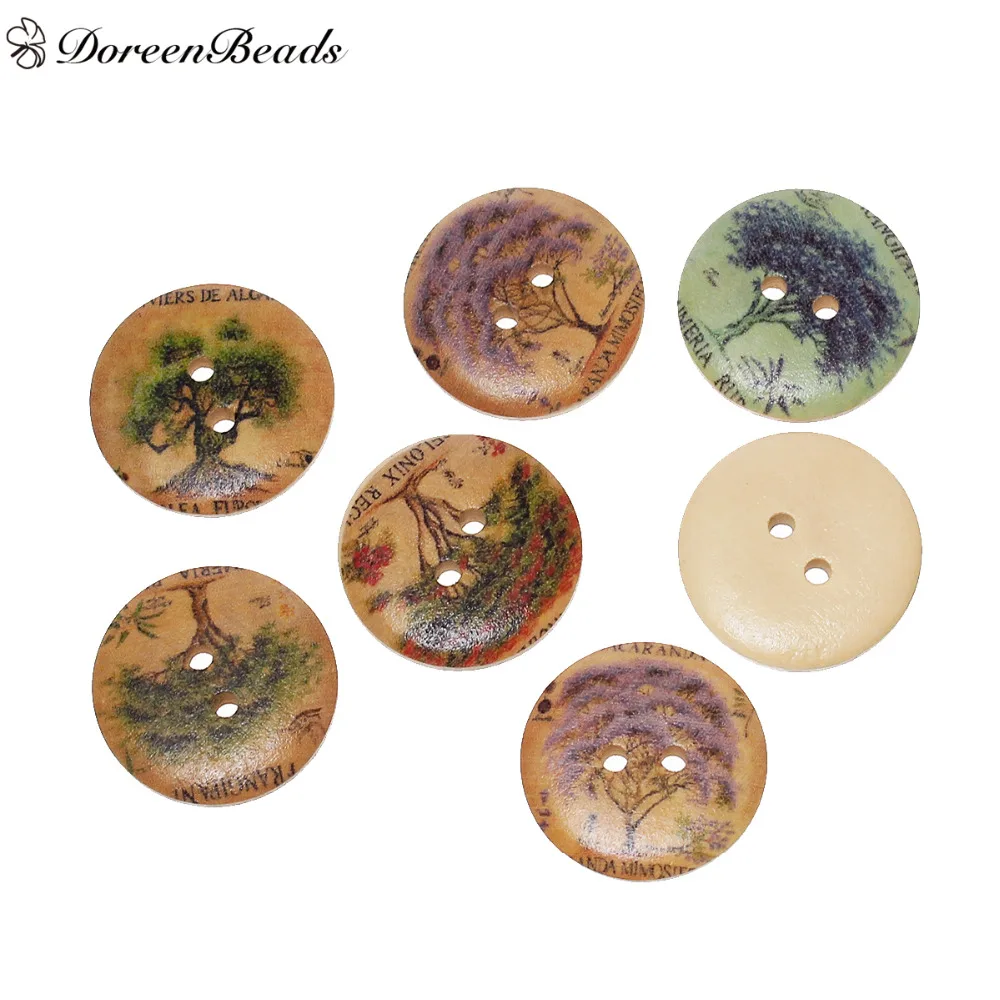 Деревянные пуговицы для скрапбукинга DoreenBeads круглые с 2 отверстиями рисунок