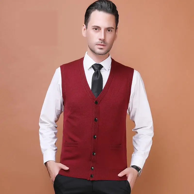 

Men's Winter Casual Wool Vest Fashion Brand Single Breasted Computer Knitted V-neck Sleeveless Sweater Large Male Size M-3XL