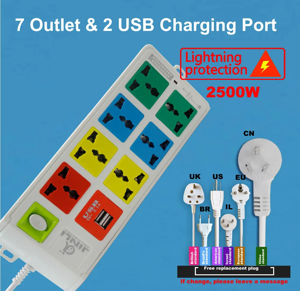 Универсальный сетевой фильтр с 7 розетками и 2 USB портами для зарядного устройства