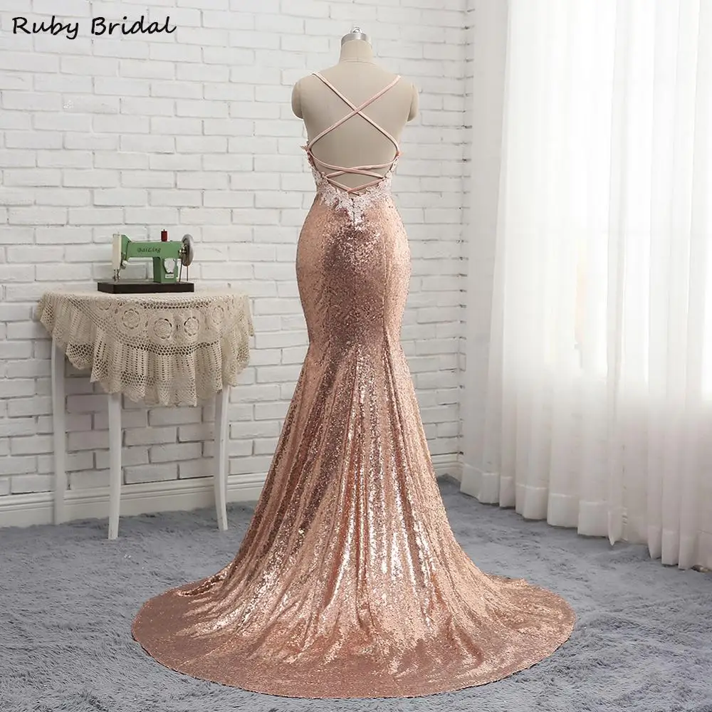 Женское вечернее платье русалка длинное цвета шампанского с блестками и