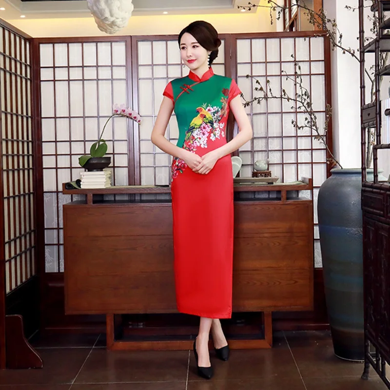 Cheongsam атласное платье с принтом Qipao винтажное улучшенное осеннее традиционное китайское длинное платье вечерние платья для матери свадебное платье