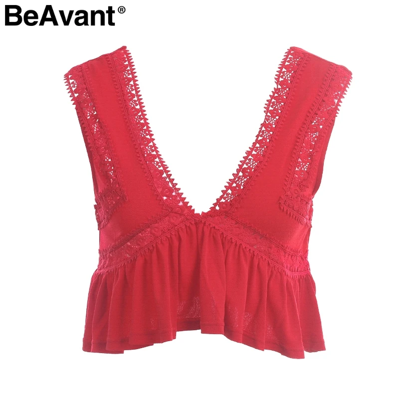 red BeAvant Sexy v средства ухода за кожей шеи спинки майка для женщин рюшами Короткие кружево рубашка бретели Танк Лето пот уличная повседнев - Цвет: red
