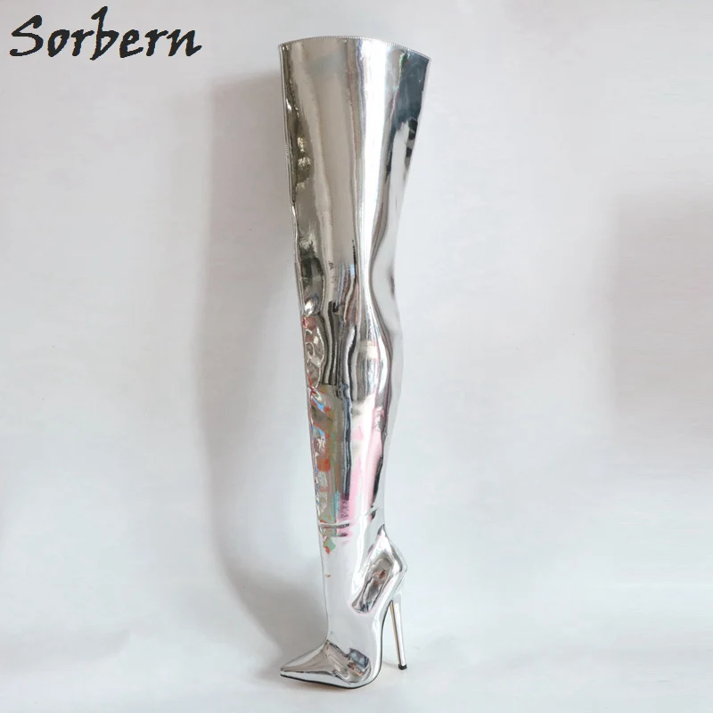 Sorbern/женские высокие сапоги до бедра с жестким голенищем, на заказ, пикантная Фетиш обувь на высоком каблуке 18 см ботинок на шпильке, золотистый металлик - Цвет: Silver Metallic