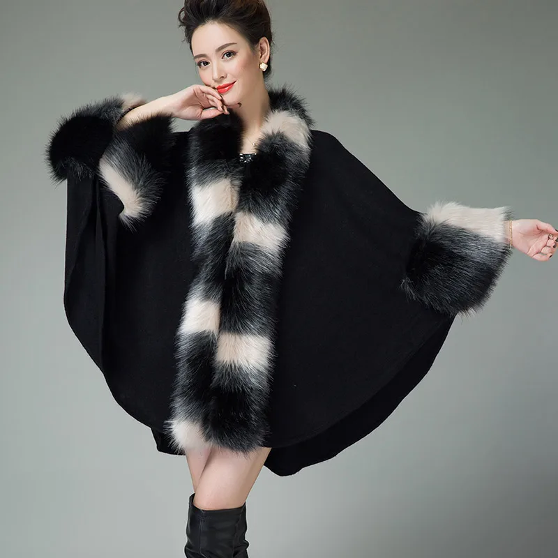 

Winter Fur 2017 Elegant Women Mix Color Faux Fur Coat Fashion Warm Fox Fur Long Knitted Cape