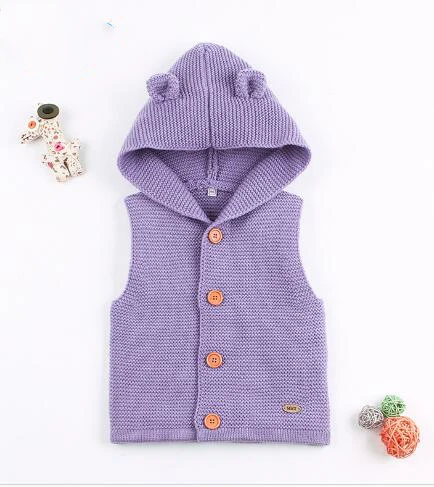 Light purple Свитера для маленьких мальчиков с рисунком медведя из мультфильма, кардиганы для новорожденных девочек, вязаные пальто унисекс, детские куртки без рукавов с капюшоном - Цвет: Light purple