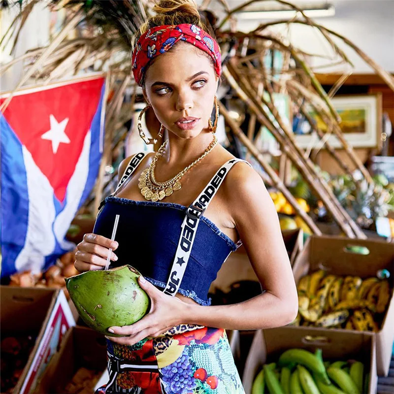 2018 синий ковбой майка Для женщин Письмо печати Полосатый Холтер пикантные летние