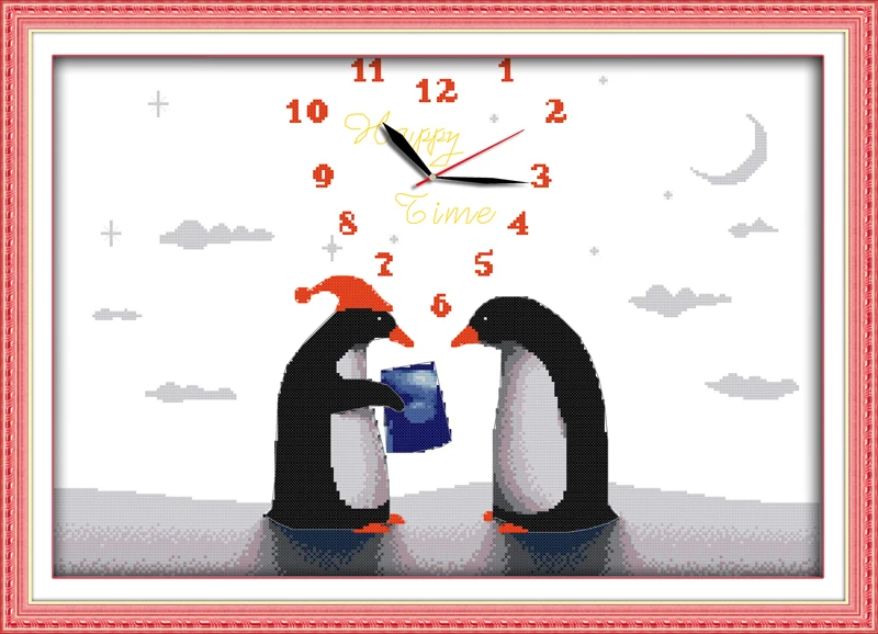 Penguin's love kiss clock home decor painting counted print on canvas DMC 14CT 11CT Cross Stitch Needlework Sets Embroidery kits | Дом и