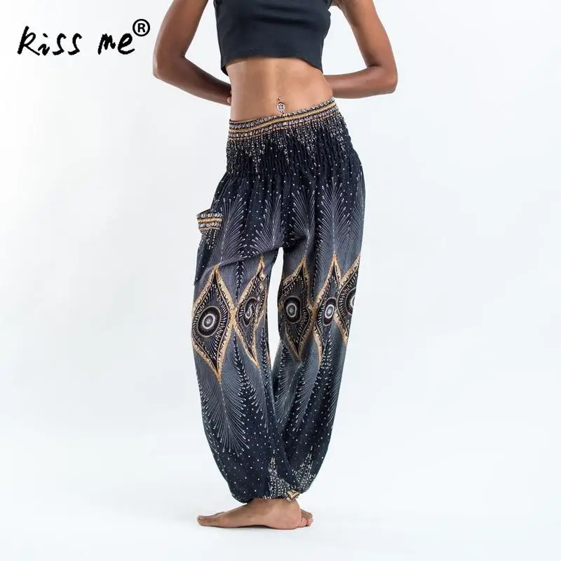 С принтом женские штаны для занятия йогой свободные с высокой посадкой