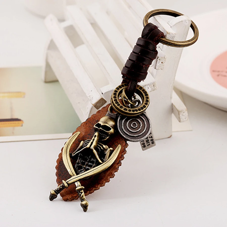Charm Skeleton Pendant Keychain Women Men Genuine Leather Skull Car Key Chain Ring Holder Creative Bag Punk Jewelry Gift FY039 | Украшения