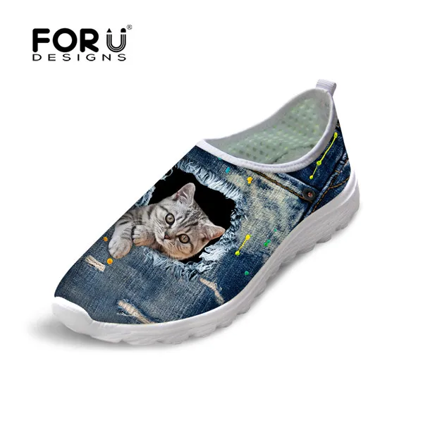 CA4914AA FORUDESIGNS/джинсовая стильная женская обувь на плоской подошве модные летние женские кроссовки с милым джинсовым принтом кота пляжное легкое женские лоферы - Цвет: CA4914AA