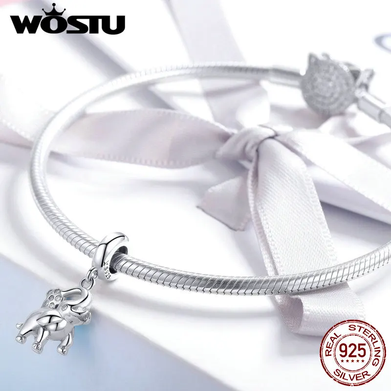 WOSTU подлинный 925 пробы серебряный милый слон Животное Бусины Подходит браслет ожерелье кулон Модные женские ювелирные изделия FIC1059
