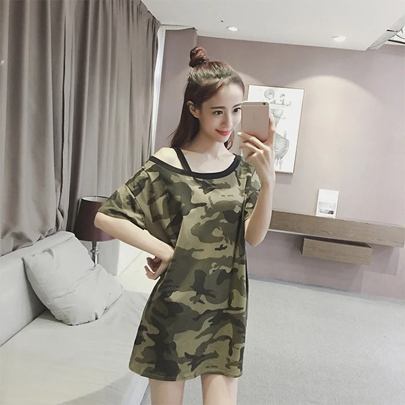 Женская длинная футболка с коротким рукавом камуфляжная свободная открытыми