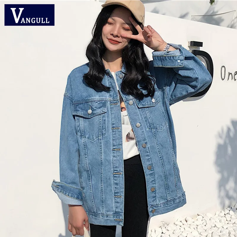 Vangull 2019 однотонная джинсовая куртка с отложным воротником для женщин Свободные