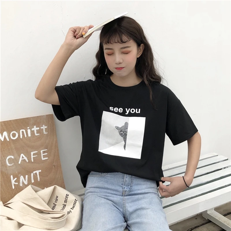 Женские хлопковые футболки Kpop свободные повседневные трикотажные с коротким