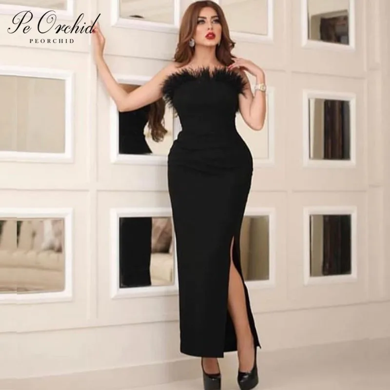 

PEORCHID 2019 Black Feathers Prom Dress Short Evening Party Gowns Women Tea Length Vestido Curto Para Festa Dress For Prom Night