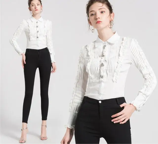 

Cultiseed Women Spring Summer Chiffon Shirts Blouses Female Vintage Pleated Ruffles Long Sleeve Shirts Top Diamonds Party Shirts