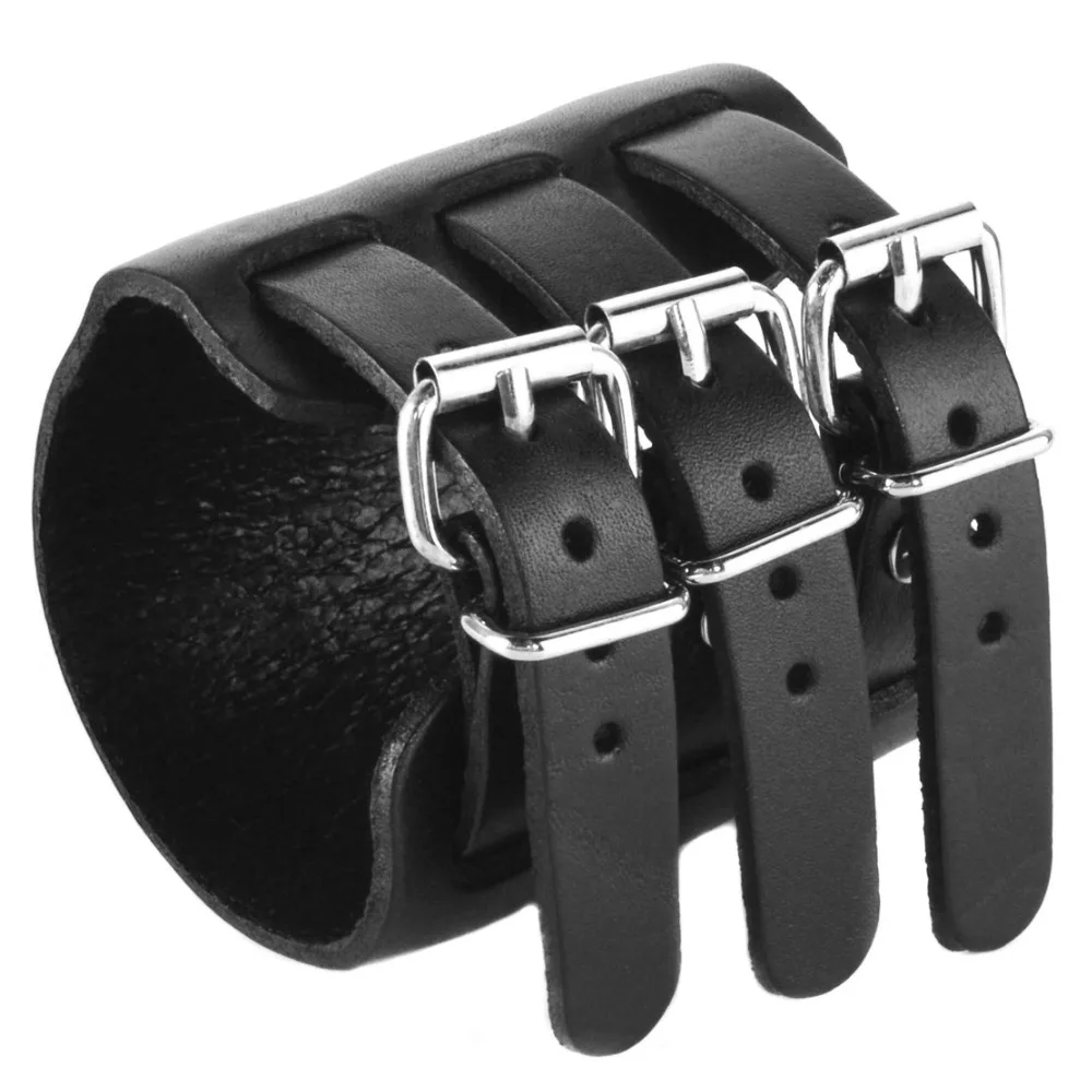 HZMAN Mens Leather Wide Triple Strap Cuff Wrap Gauntlet Wristband Buckle Fastening Arm Armor | Украшения и аксессуары