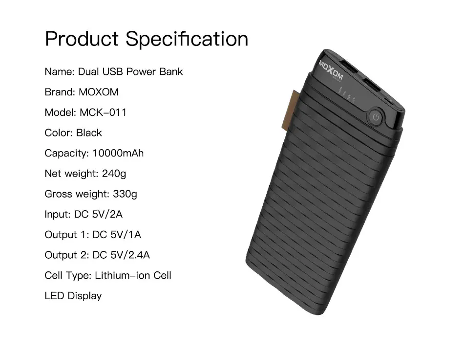 MOXOM power Bank, 10000 мА/ч, портативное зарядное устройство, 10000 тонкий повербанк, внешняя батарея для Xiaomi Mi9, iPhone, Бесплатный USB кабель