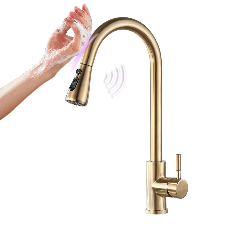 Brushed Gold B FMHJFISD сенсор Кухонные смесители Черный сенсорный индуктивный чувствительный смесители Смеситель для воды кран с одной ручкой двойной выход воды Режимы - Цвет: Brushed Gold B