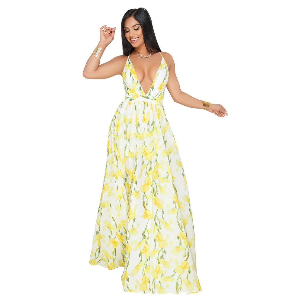 Summer Women's Fashion Sling Dress V-neck Casual Loose Wide Leg Printed Chiffon High Waist Ladies | Женская одежда