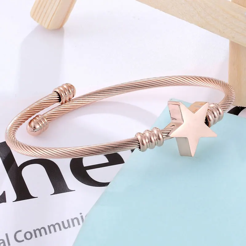 Rose Gold Браслет в форме симпатичной звезды, регулируемый размер, браслет, высокое качество, нержавеющая сталь, витой кабель, проволока, ювелирные изделия для женщин, подарок для любви - Окраска металла: Rose Gold