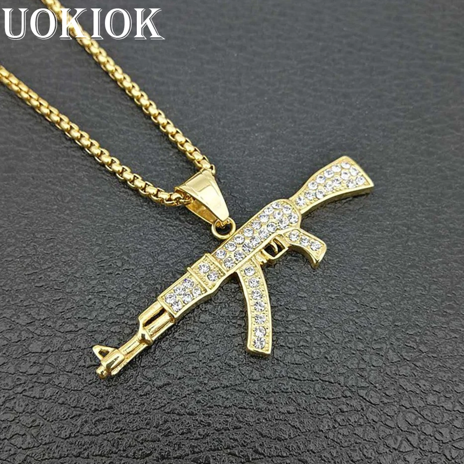 

Hip Hop Iced Out Bling Rhinestone Ak47 Gun Pendants Necklaces Gold Color Stainless Steel Golden Necklace for Men Jewelry