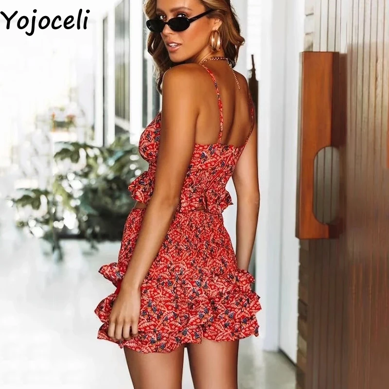 Yojoceli/сексуальное короткое платье с оборками на бретелях женский костюм из двух
