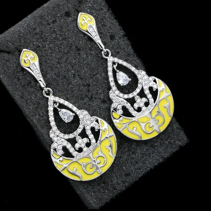 Silver 925 Bridal Jewelry Sets For Women Bright Yellow Pattern White Crystal Earrings/Pendant/Necklace/Zircon Bracelet | Украшения и