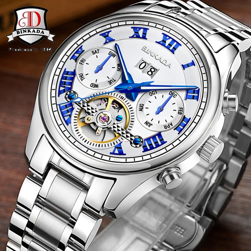 BINKADA automatic Tourbillon часы для мужчин день Дата Полный календарь нержавеющая сталь