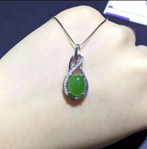 

High grade 925 silver inlaid natural spinach green jasper set genuine genuine Hetian jade pendant