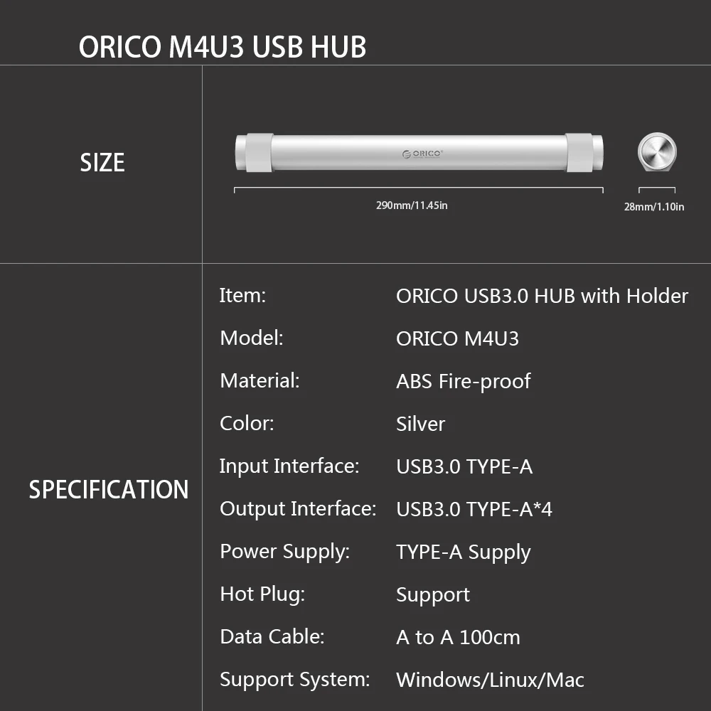 ORICO USB 3,0 концентратор с держателем для ноутбука, функция ABS, Круглый, 4 порта, концентратор для Apple, ноутбука MAC, идеально серебристый usb-разветвитель