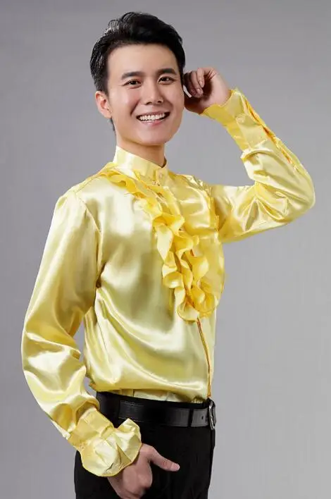 Желтая модная панк тонкая сексуальная рубашка с оборками Мужская длинным