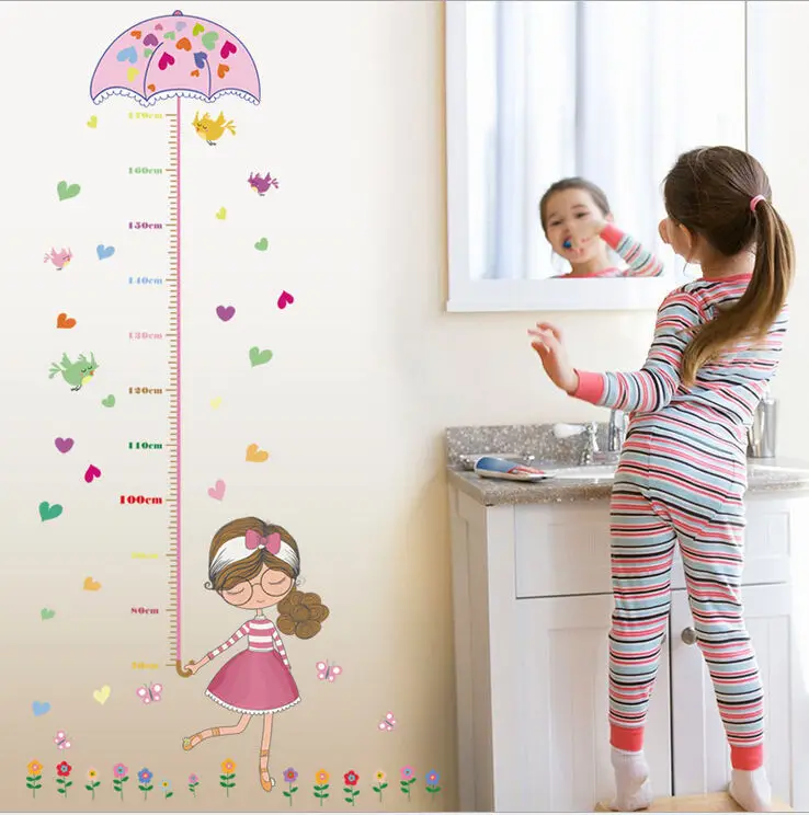 Cute Girl Umbrella Measure Height wall stickers decal kids adhesive vinyl wallpaper mural baby girl boy room nursery decor | Дом и сад