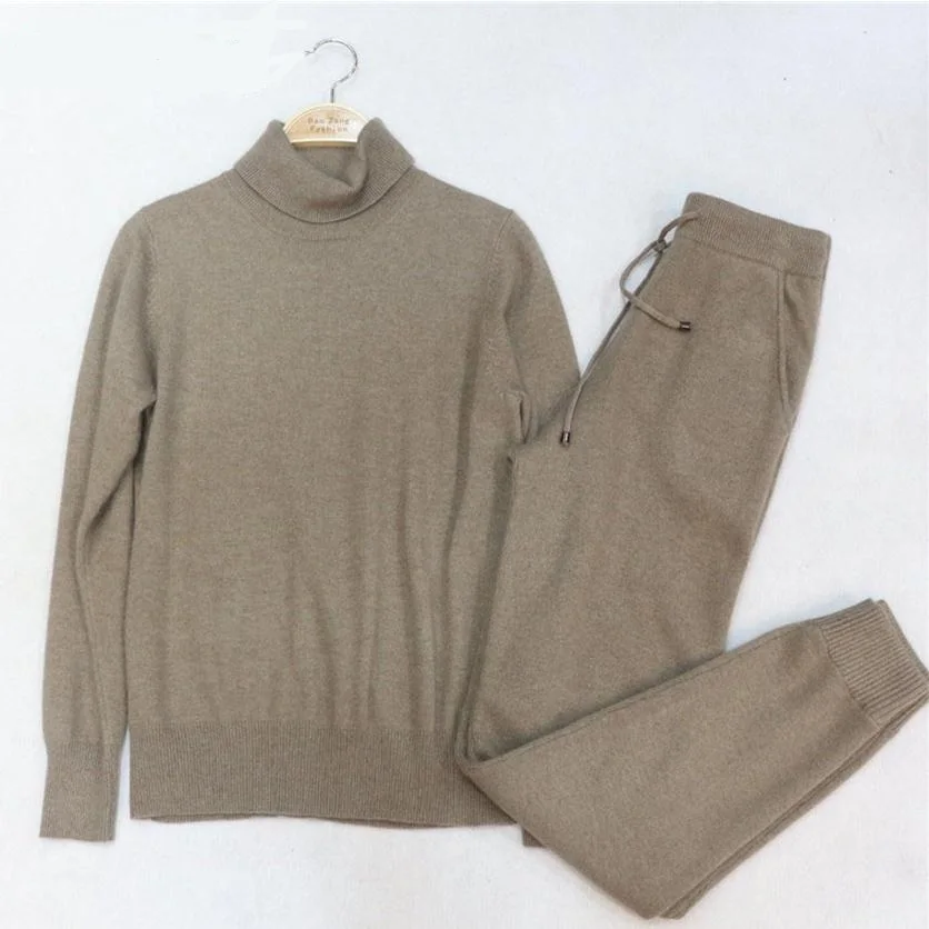 khaki Весенний шерстяной и 45% кашемировый вязаный теплый Костюм Бархатный свитер с высоким воротником+ кашемировые брюки из норки комплект из 2 предметов для отдыха wj79 - Цвет: khaki