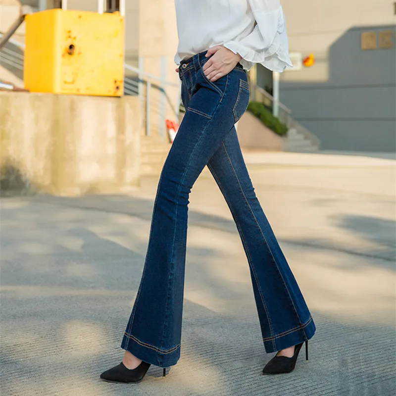 Free Shipping 2021 New Fashion Long Jeans Pants For Women Flare Trousers Plus Size 25-30 Denim Autumn Blue Stretch Jeans