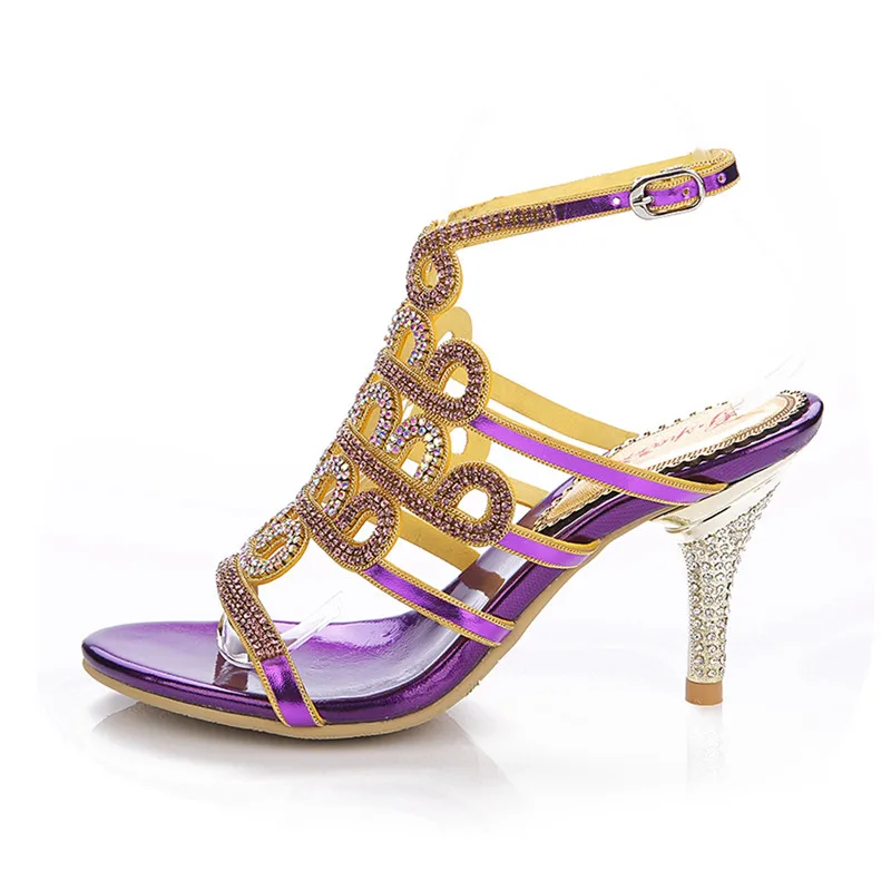 Новинка 2019 г. фиолетовые богемные сандалии на шпильках с инкрустацией в