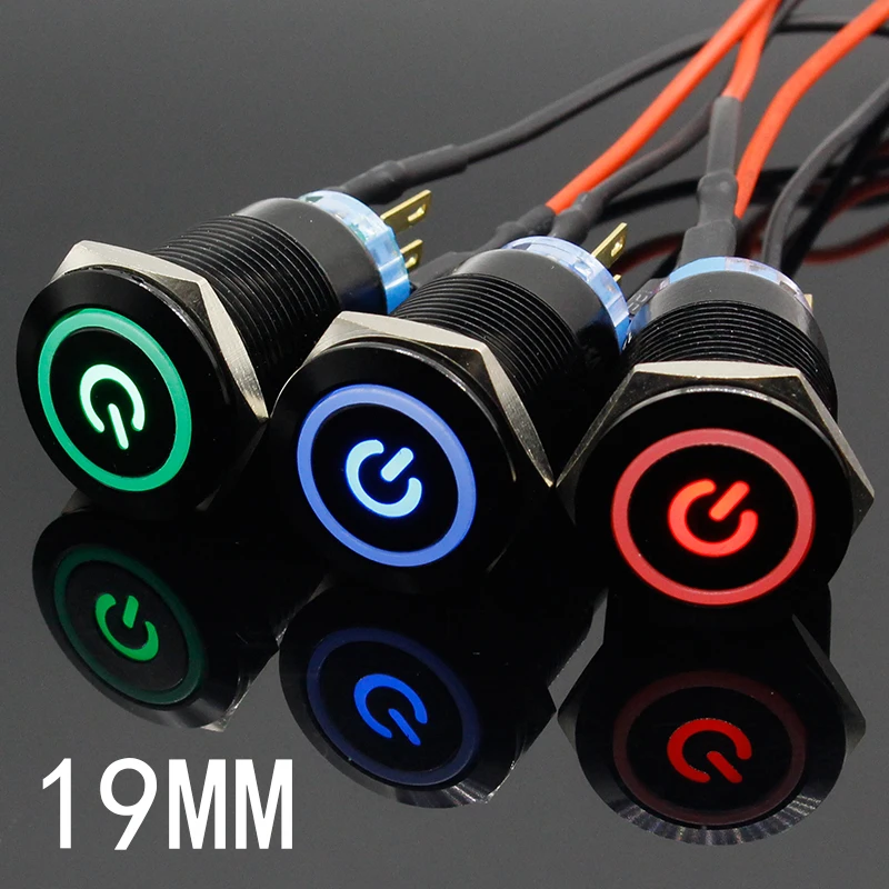 19 мм металлическая алюминиевая черная кнопка нажатия светодиодная знака питания