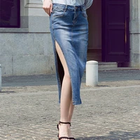 free shipping 2021 new high waist summer long mid calf sexy women pencil skirt with side slit xs xl jeans denim stretch skirts