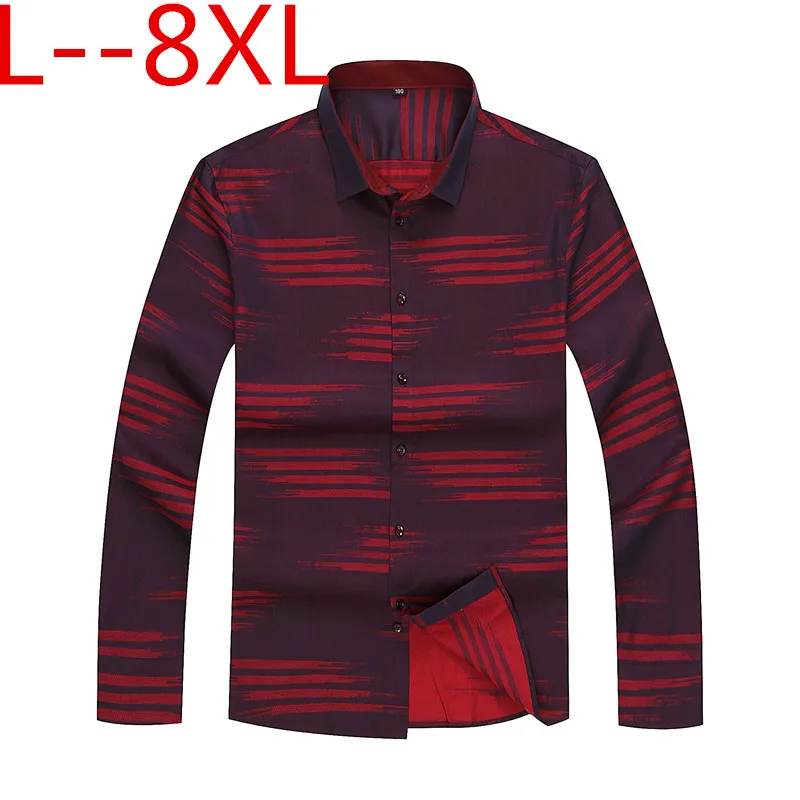 Плюс 10XL 8XL 6XL 5XL полосатые мужские рубашки Весна с длинным рукавом мужская одежда хлопок бренд бизнес мужские рубашки свободный крой - Цвет: Красный