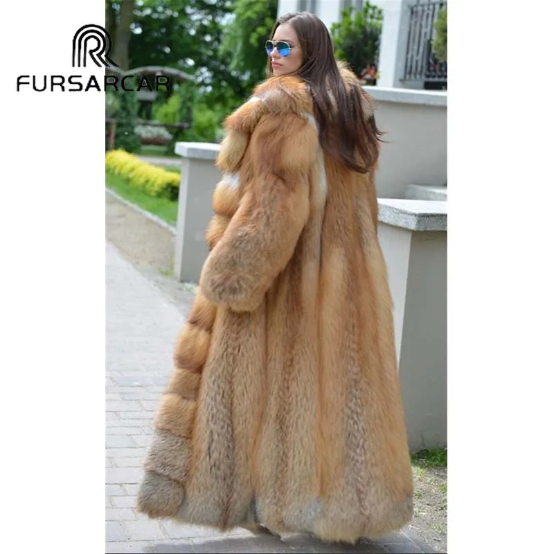 FURSARCAR Natural Real Gold Fox Fur Coat For Women 120 CM Long Female Jacket Fox Fur Coat Thick Warm Genuine Fur Jacket