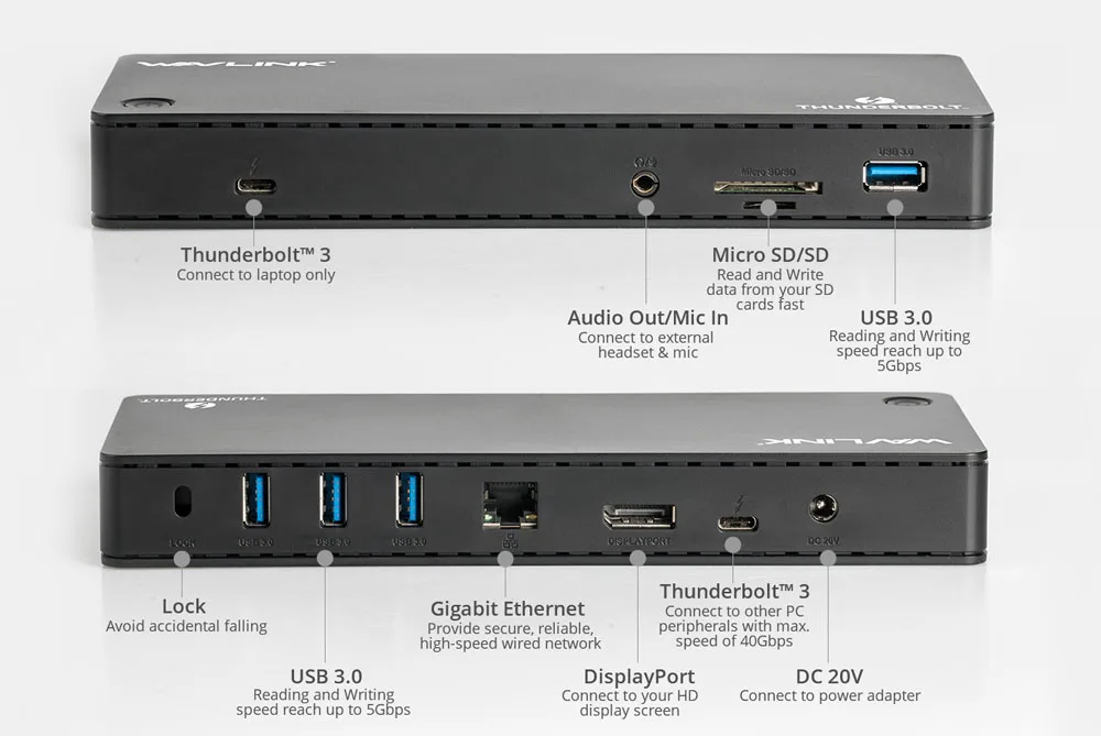 Wavlink Intel Сертифицированный Thunderbolt 3 док-станция для ноутбука USB 3,0 4 k@ 60Hz Gigabit Ethernet 85W зарядка USB C для MacBook Pro