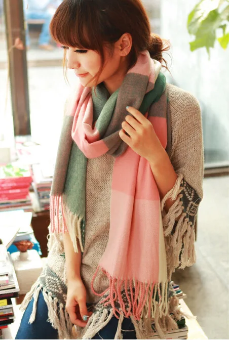 Plaid pink green Кашемировый шерстяной шарф bufanda шаль с кисточками пашмины bufandas Испания толстые клетчатые женские зимние шарфы - Цвет: Plaid pink green