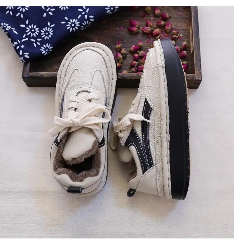 Beige Black Villus HUIFENGAZURRCS/обувь из натуральной кожи; сезон весна; Новинка; обувь на толстой подошве в стиле Mori girl; обувь для отдыха ручной работы с круглым носком - Цвет: Beige Black Villus