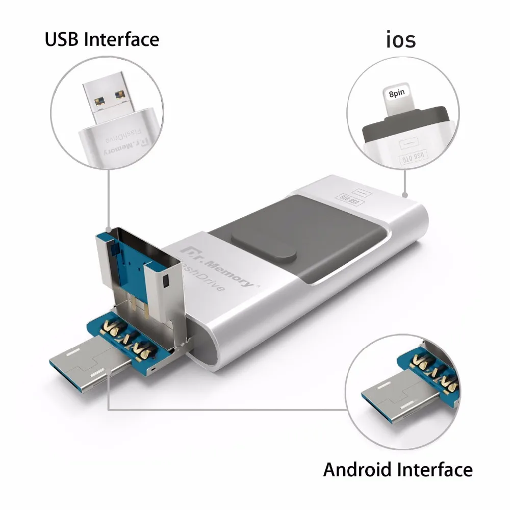 Металлический USB флеш накопитель Dr. Memory OTG для Apple iPhone 5S SE 6 6S Plus 7 3 в 1 металлический - Фото №1