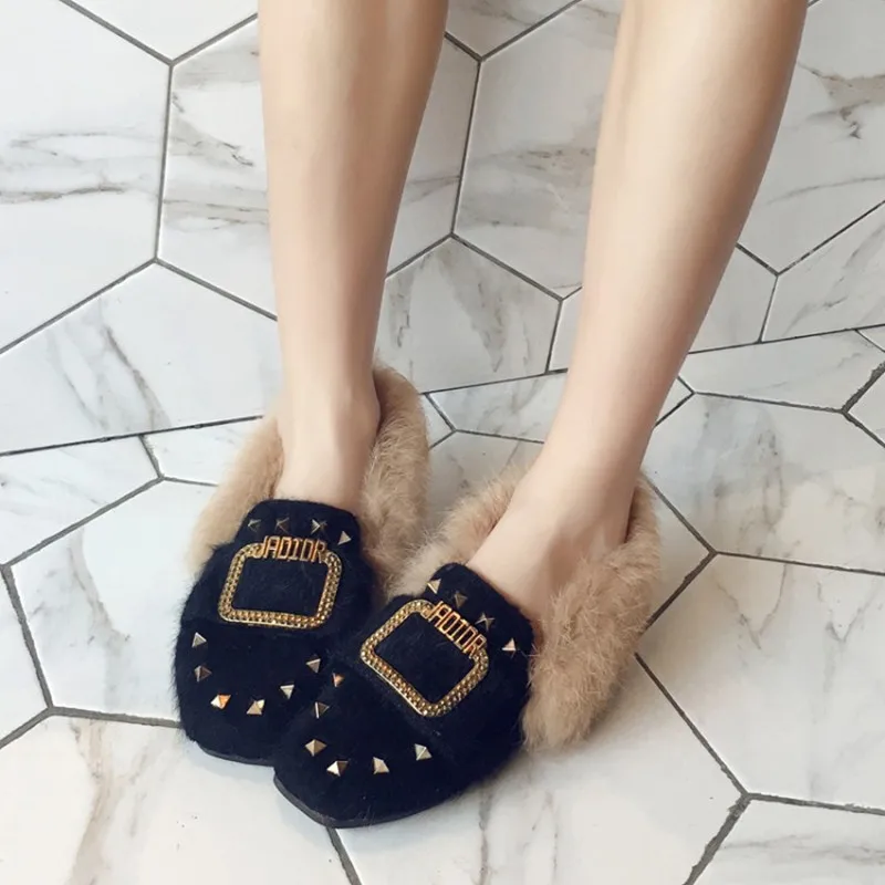 Plus Size 34-44 Fashion Metal Decoration Animal Rabbit Hair Rivet Flat Shoes Slip On Woman Fur Loafers warm plush winter shoes