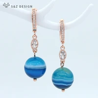 sz new round blue agates round natural stone dangle earrings 585 rose gold fashion eardrop for lady girl cute daily accessories