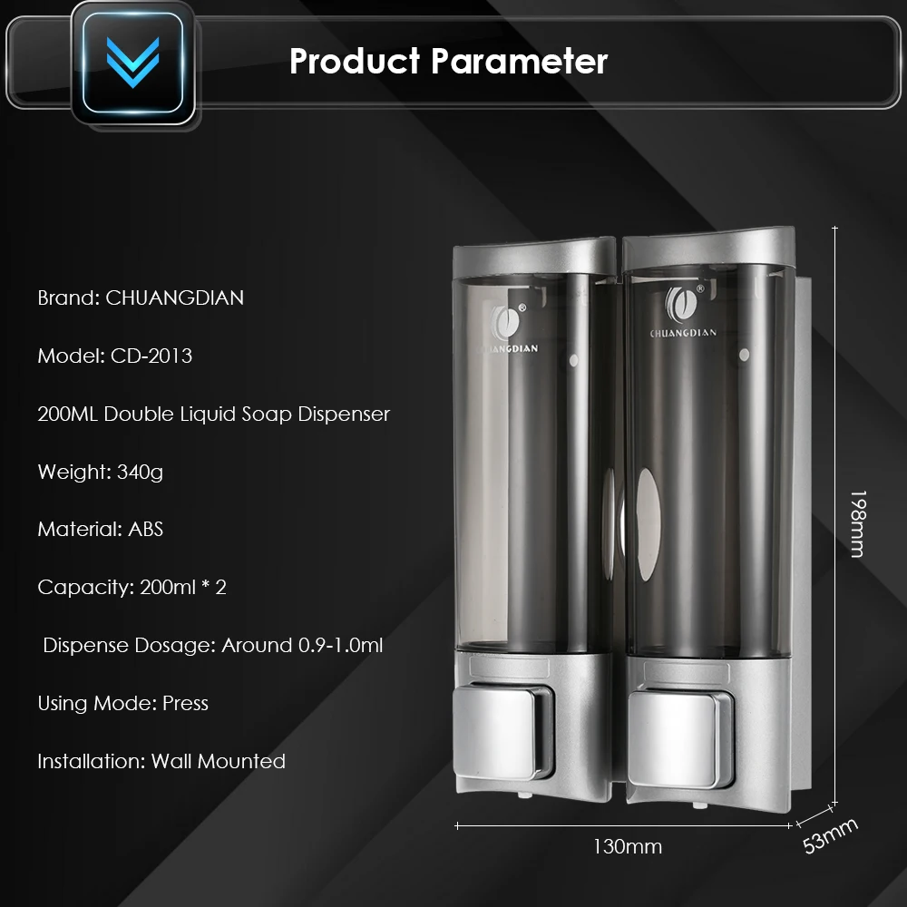 

CHUANGDIAN Manual Hand Soap Dispenser Wall Mount Double Liquid Shampoo Shower Gel Dispenser Hand Cleanser Washroom Dispenser